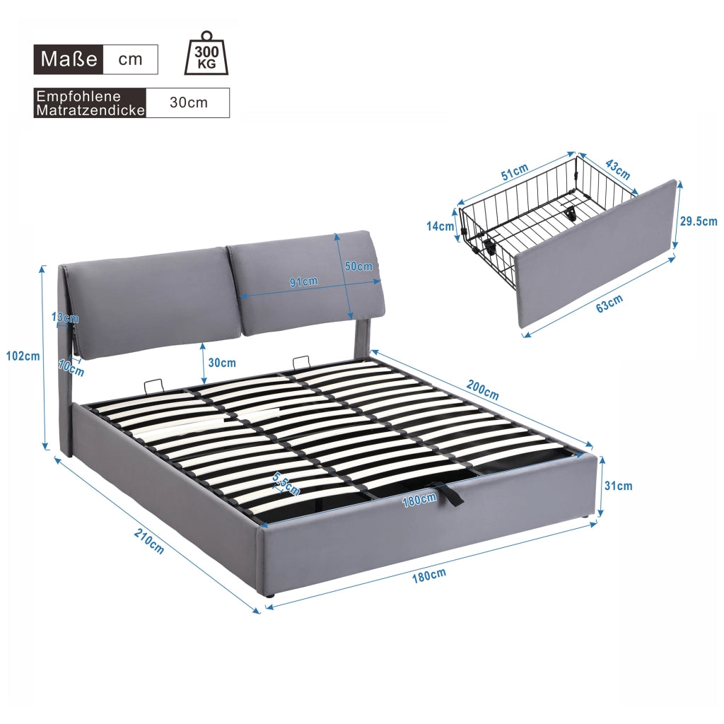 Letto imbottito 180x200 cm con contenitore idraulico, 3 cassetti e testiera in velluto grigio, senza materasso