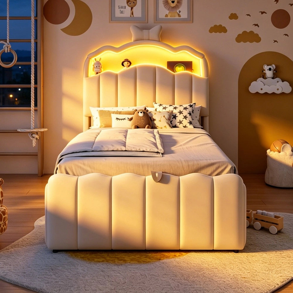 Letto imbottito per bambini con contenitore idraulico ¨C Minimal ¨C beige velluto testiera led 90x200cm