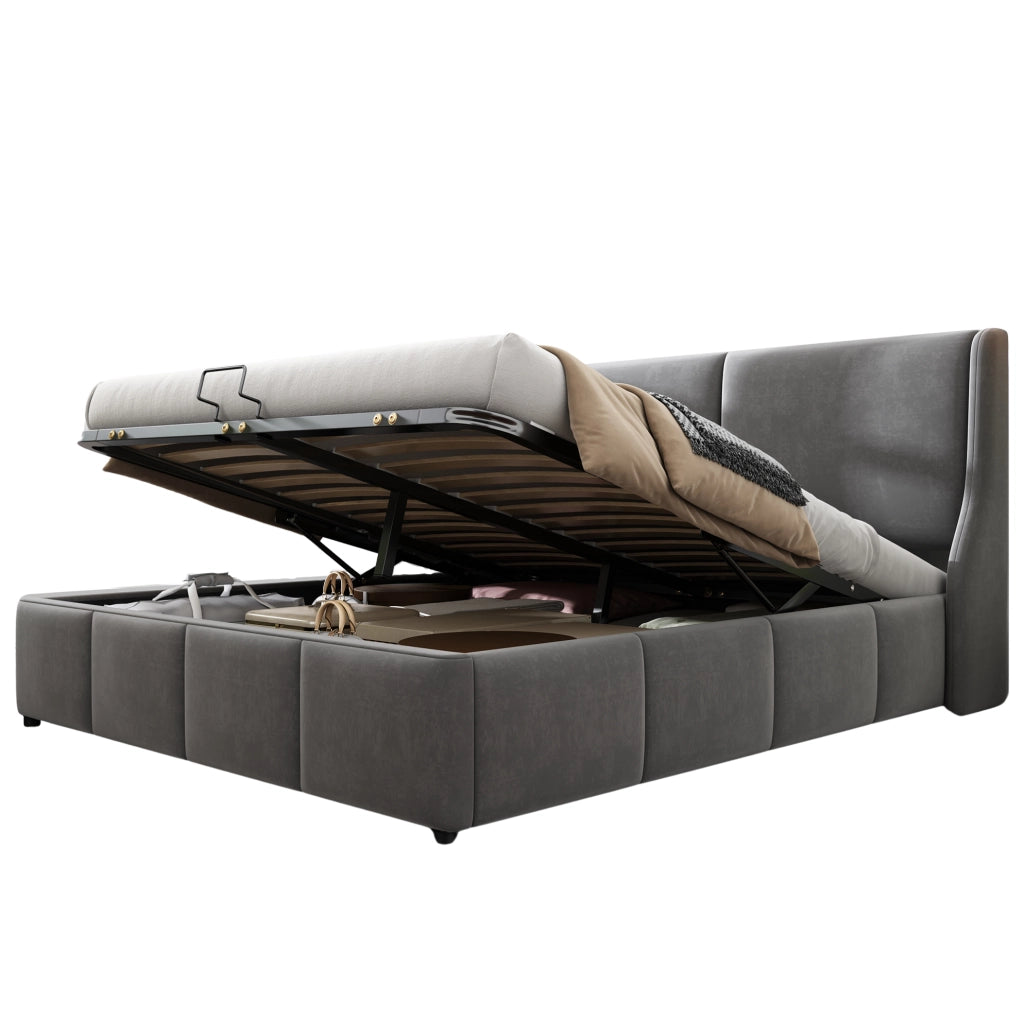 Letto imbottito con contenitore; rete a doghe; 180x200 cm; velluto grigio
