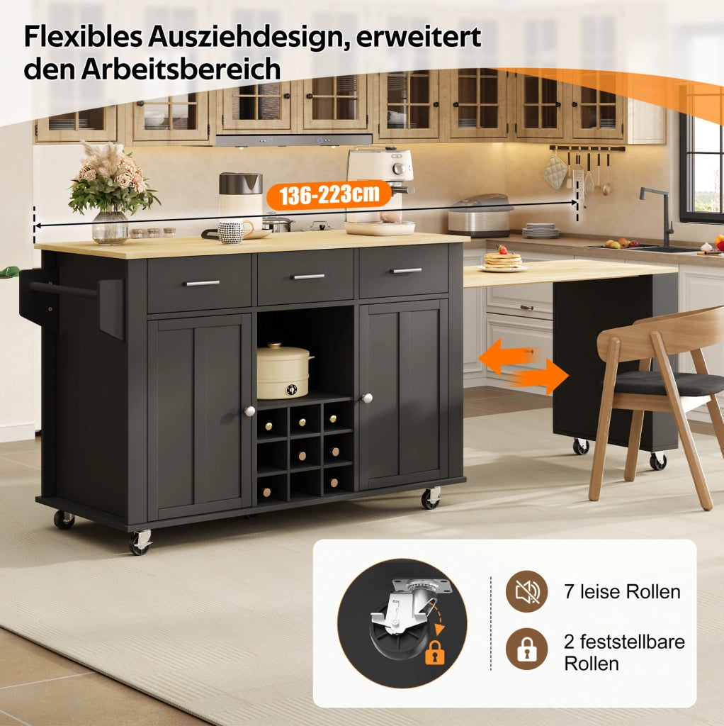 Isola cucina mobile con piano estensibile e prese USB
