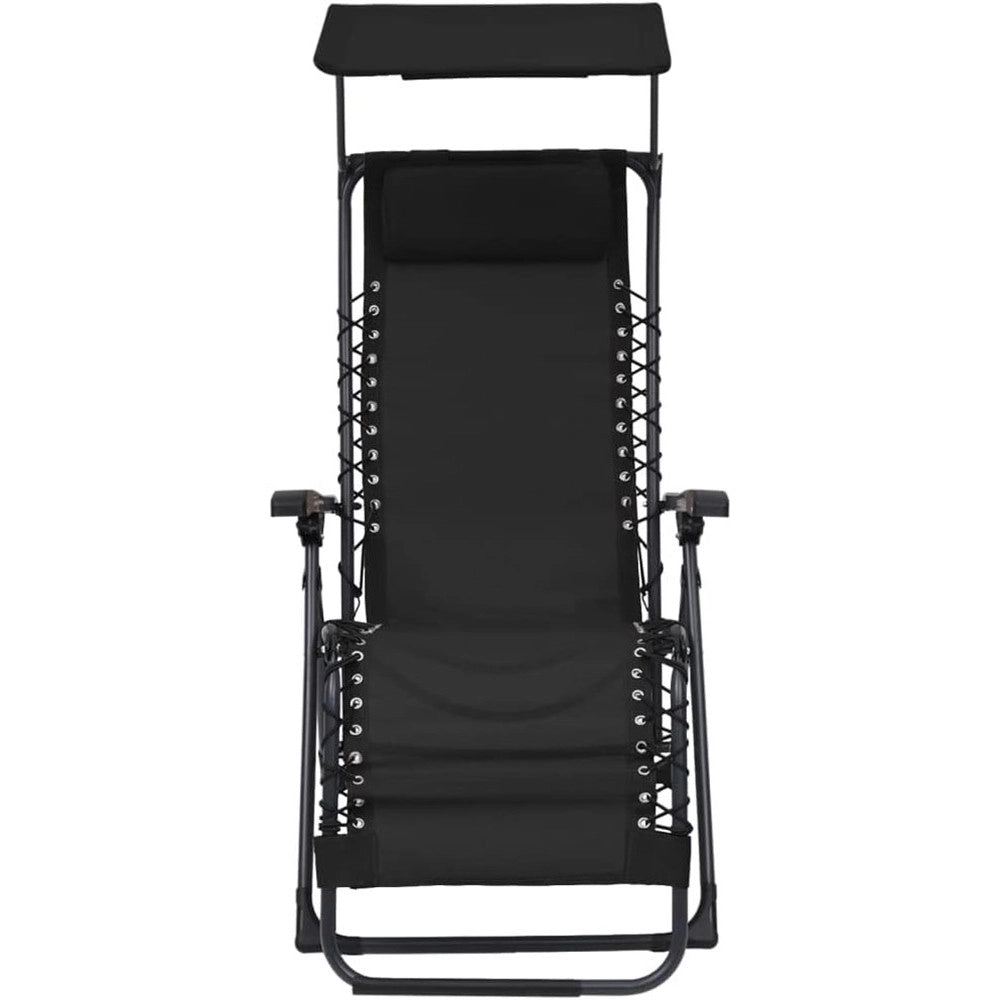 Trade Shop - Sedia Sdraio Con Parasole In Textilene Reclinabile Pieghevole Con Poggiatesta 483015 - Nero