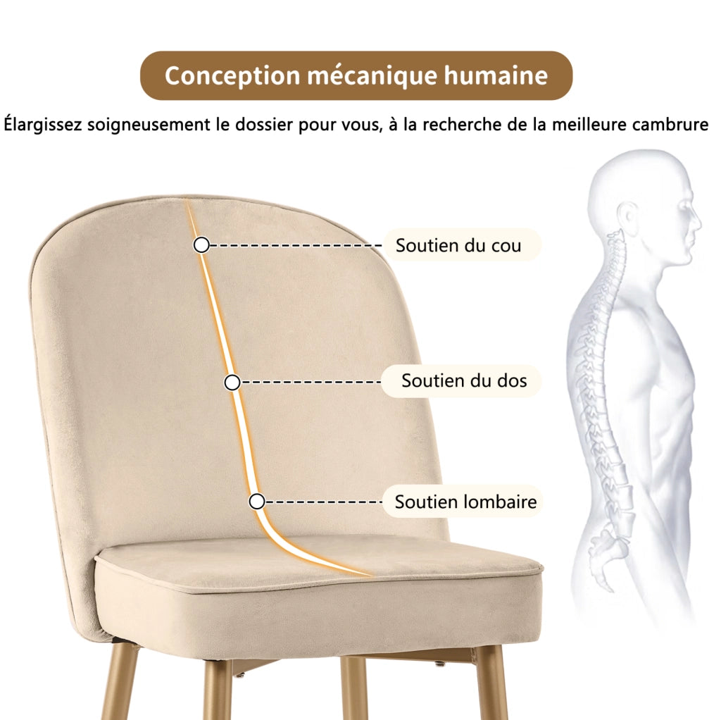 Set di 6 sedie da pranzo in velluto beige con gambe in metallo dorato; 45;5x62x87;5 cm