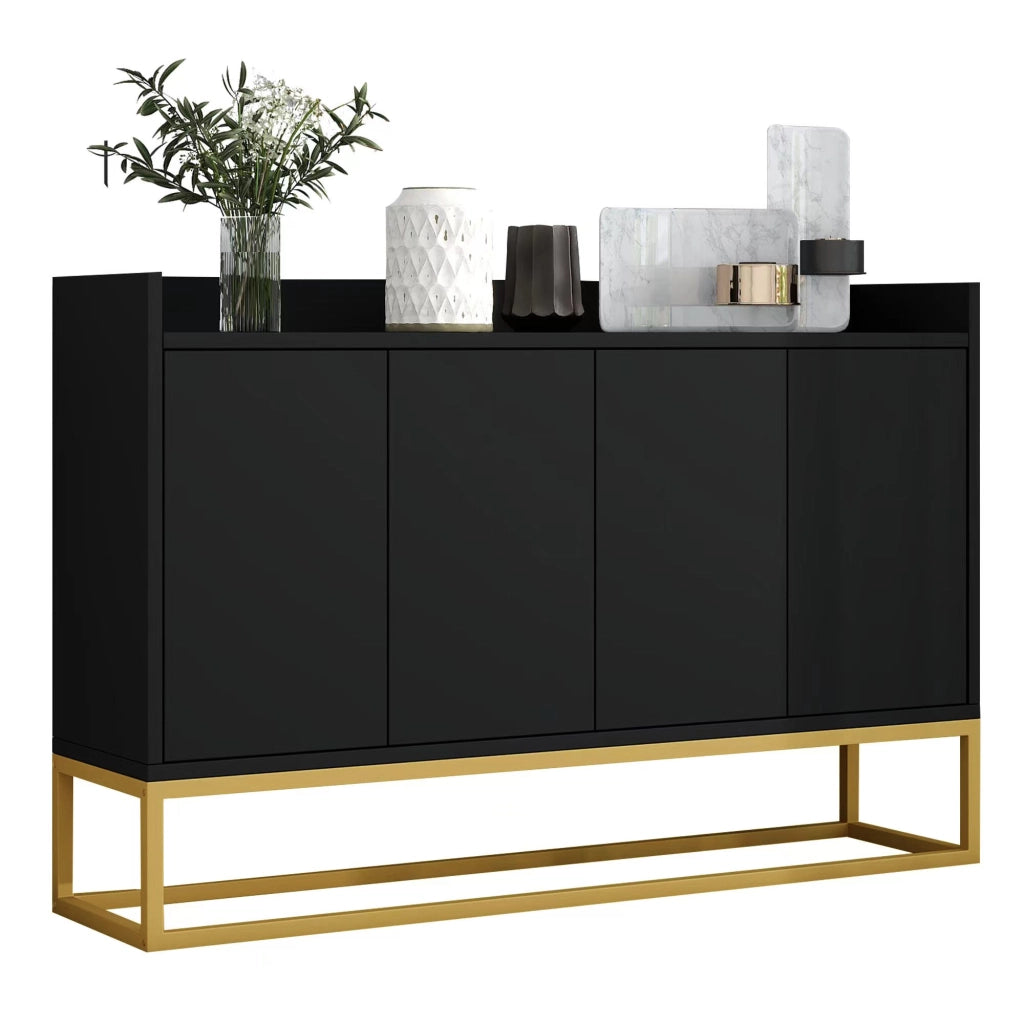Sideboard moderno minimalista nero, 4 ante senza maniglie per soggiorno, sala da pranzo e cucina