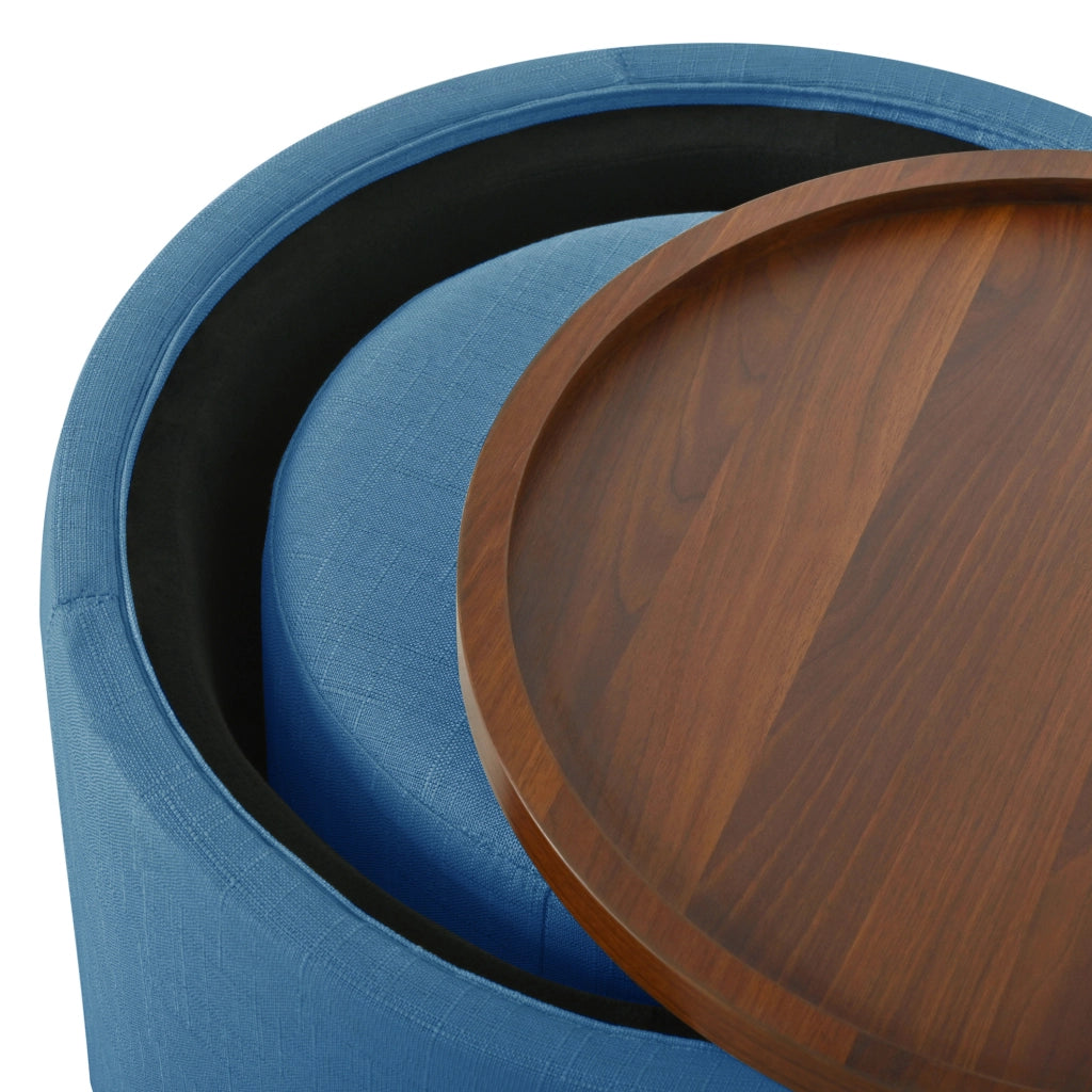 Set di 2 Pouf Nesting con Contenitore, Rivestimento in Lino Blu e Vassoio in Legno, Tavolino e Panca tonda Ø 58 cm