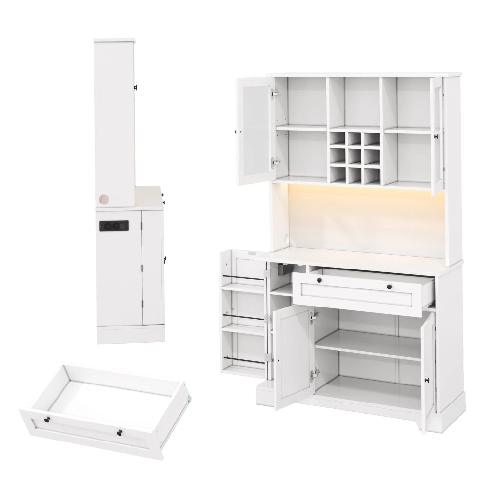 Mobile buffet con LED a cambio colore, ripiani regolabili, prese integrate, 180x105x40 cm, bianco e vetro temperato