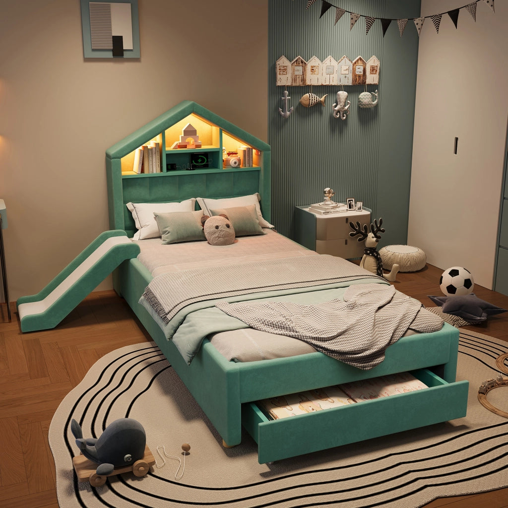 Letto a casetta 90 x 200 cm - letto singolo imbottito in velluto con scivolo reversibile, LED, presa di ricarica e contenitore, verde acqua