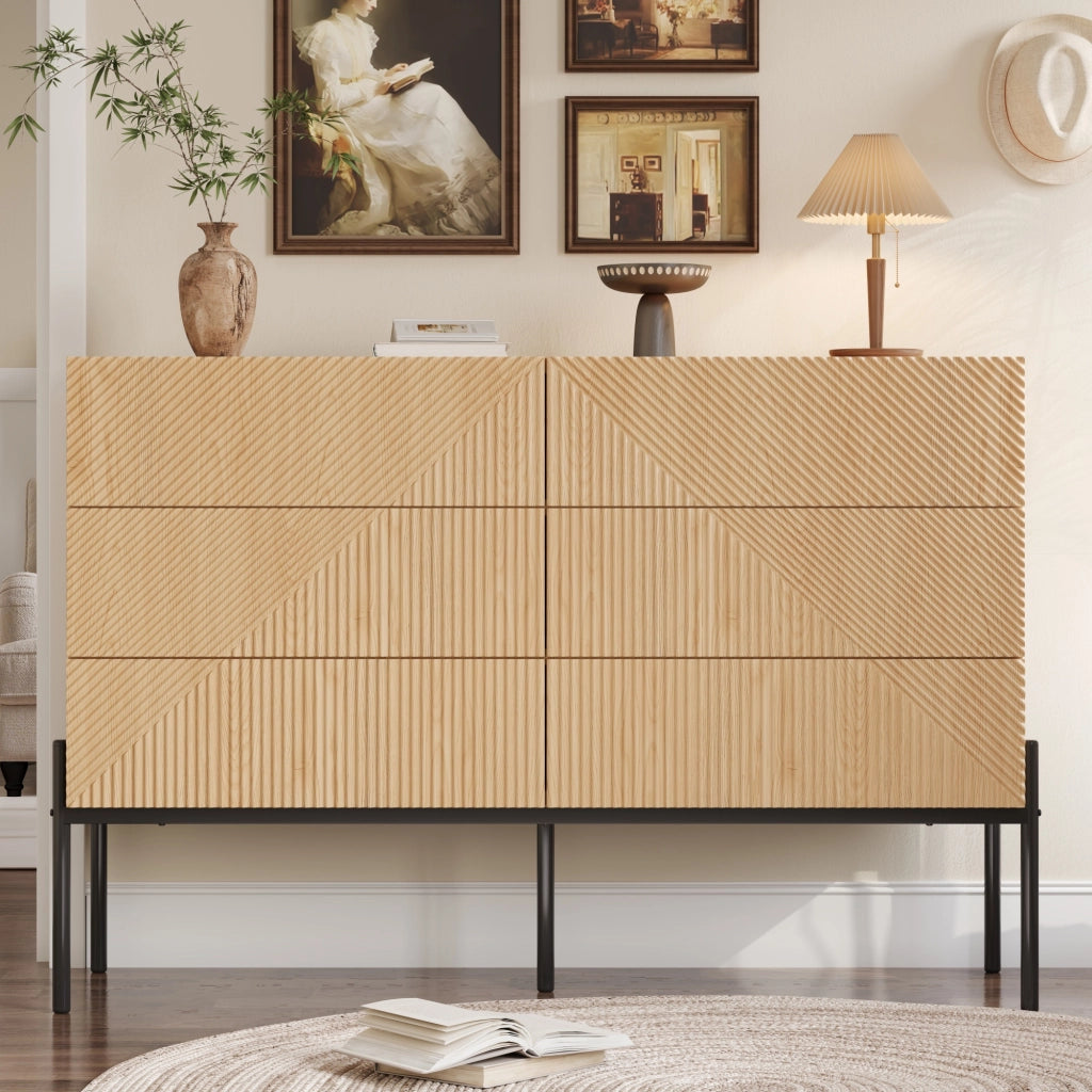Credenza moderna con sei cassetti; 115;5 cm; struttura geometrica; MDF; color naturale