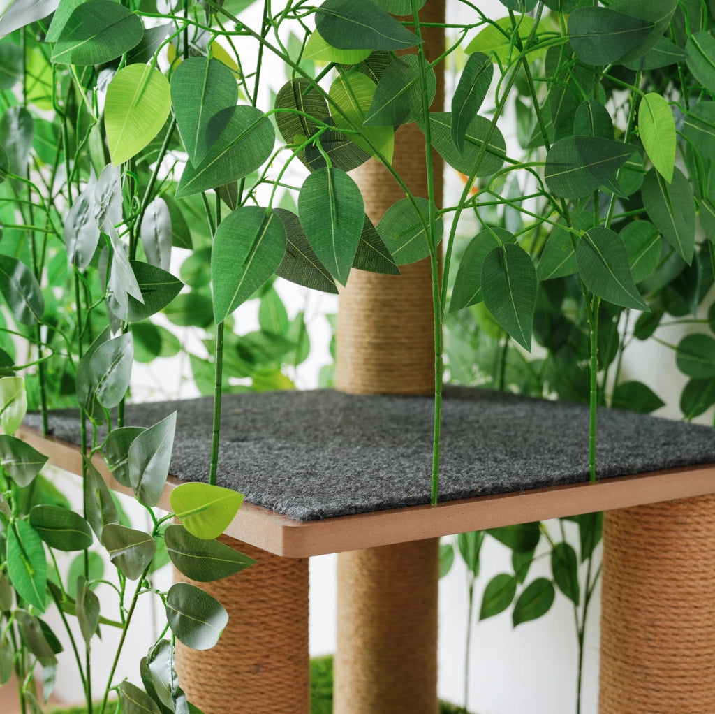 Tiragraffi per gatti a forma di albero; 158 cm; 3 piattaforme; cuccia; MDF; verde