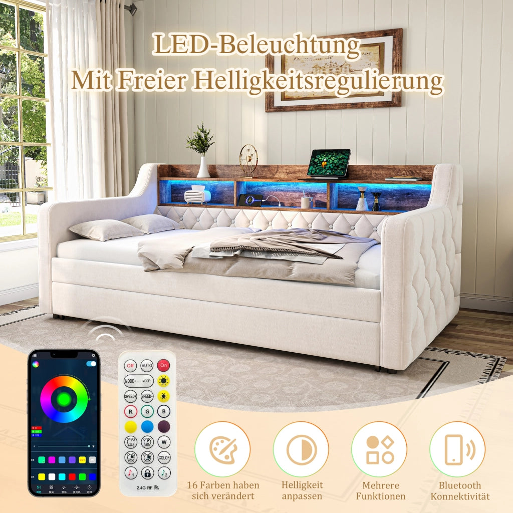 Divano letto 90 × 190 cm trasformabile in letto matrimoniale con ripiano LED USB-C in velluto beige