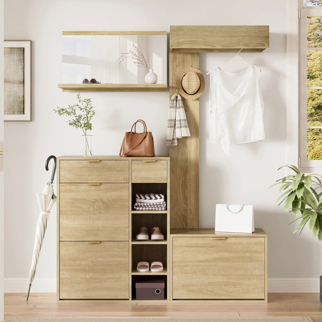 Set guardaroba 4 pezzi con scarpiera, panca, specchio e appendiabiti 130x30x174 cm, mobili per ingresso in truciolato naturale
