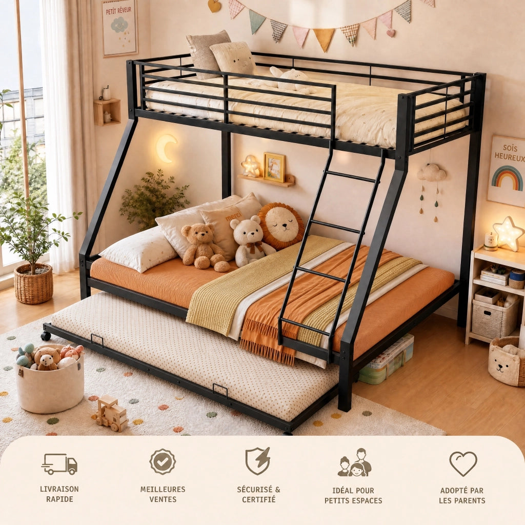 Letto a castello in metallo nero 90 × 200 cm e 140 × 200 cm con letto estraibile 90 × 190 cm fino a 550 kg