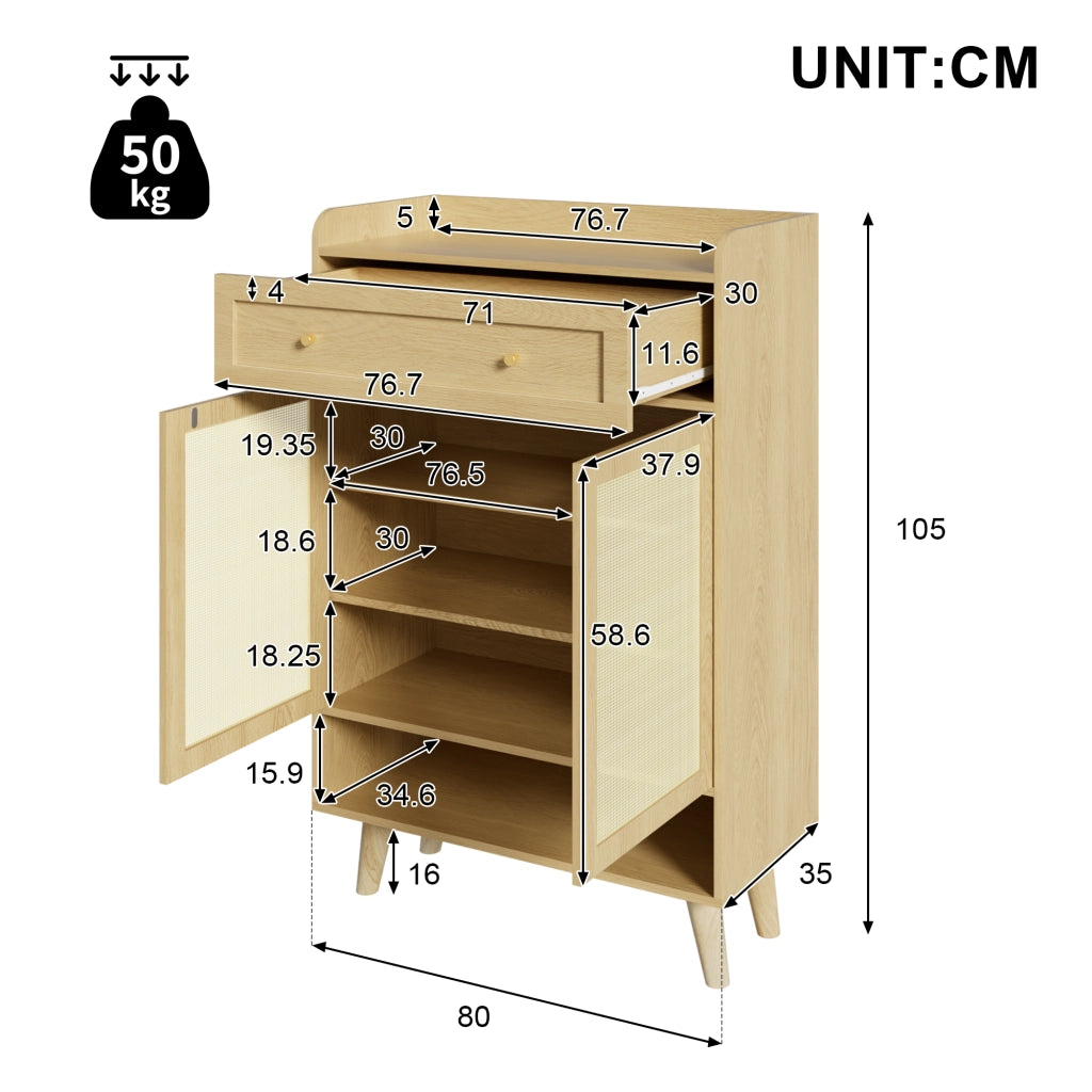 Mobile contenitore con ante, cassetto e ripiani in rovere chiaro 80x105x35 cm