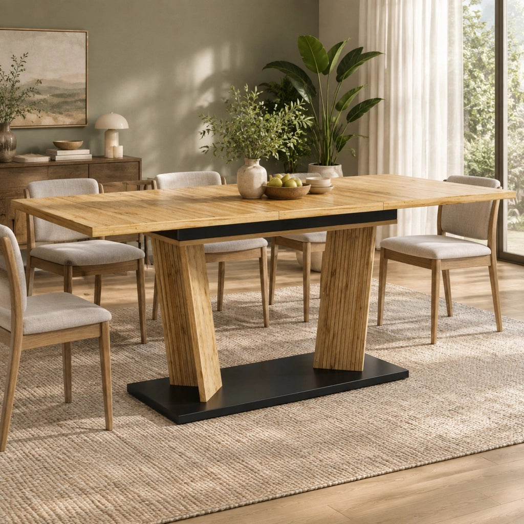Tavolo da pranzo allungabile ULEVR 120-160x80 cm in MDF color rovere, base a doppia colonna e piedini regolabili