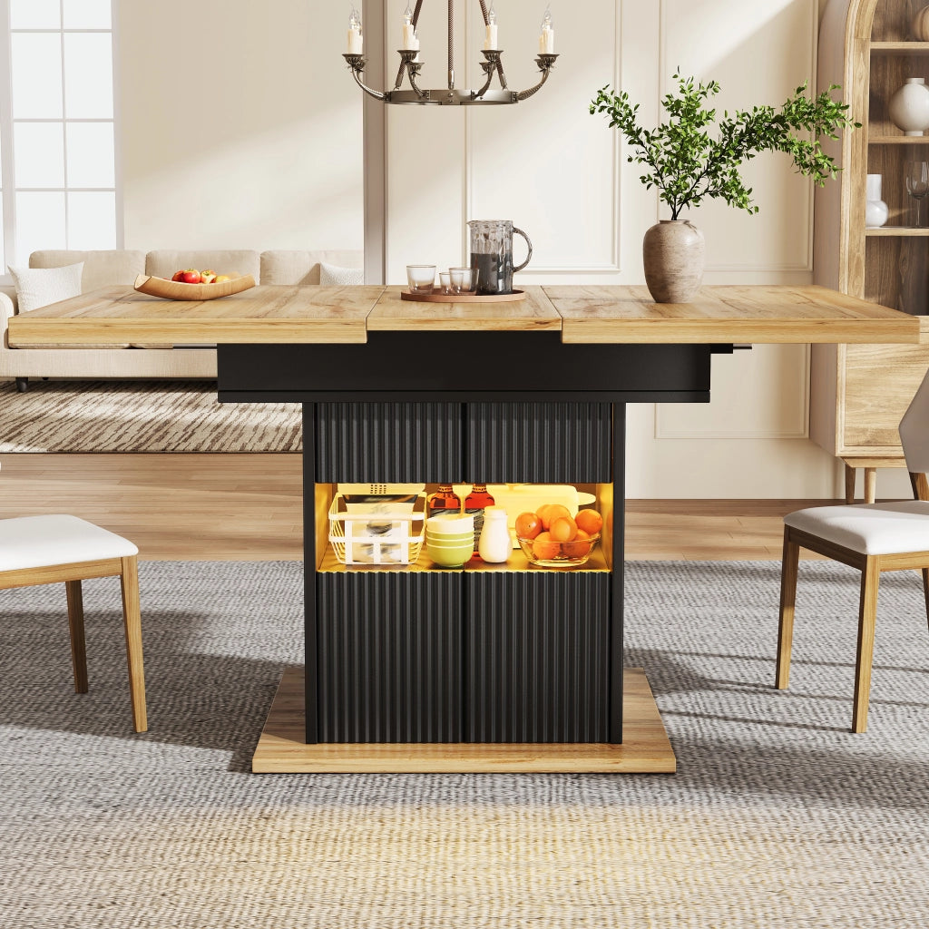 Tavolo da pranzo allungabile 110-140x80 cm con vano contenitore LED; MDF nero effetto legno