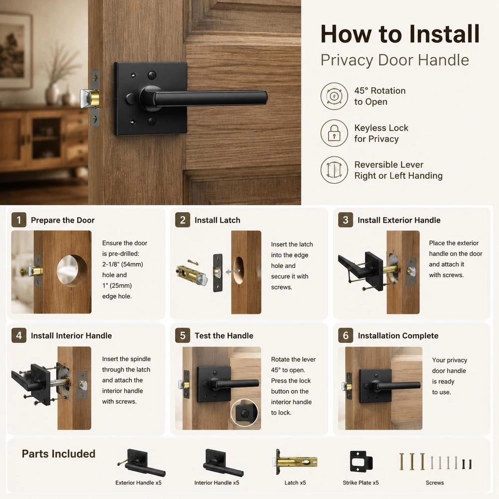 Privacy Door Handle, Matte Black Door Lever, 5 Pieces, Left- Or Right-handed, Reversible Lever With Lock, 45° Rotation For Opening, Square Door Fitting For Bedroom And Bathroom