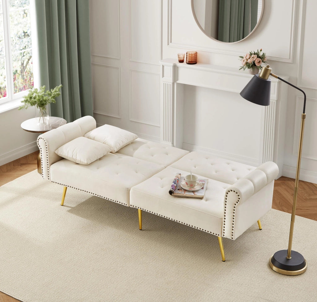 Divano letto 2 posti con doppio schienale regolabile in 3 posizioni e 2 cuscini, in velluto beige, 147 × 85 cm