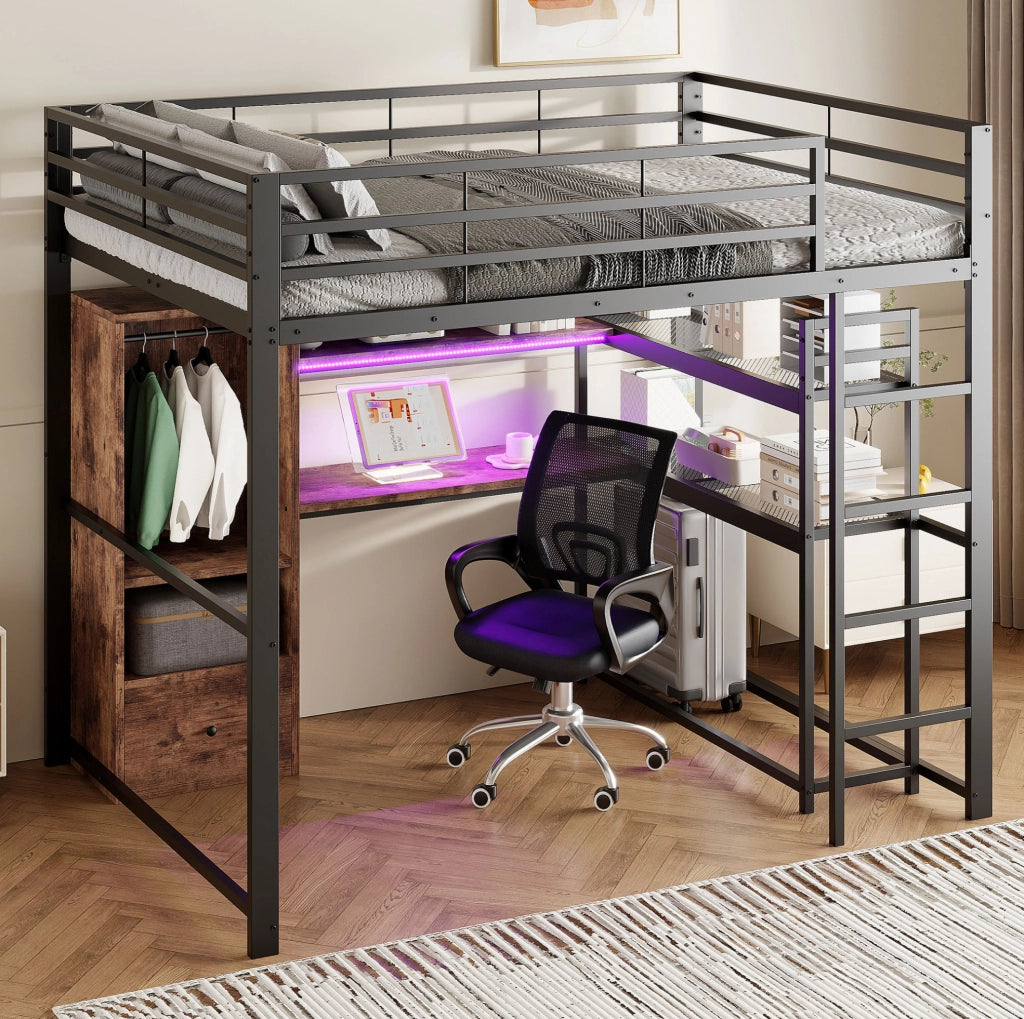 Letto a soppalco 140x200 cm con scrivania; LED; cassetto e ripiani in metallo e MDF nero