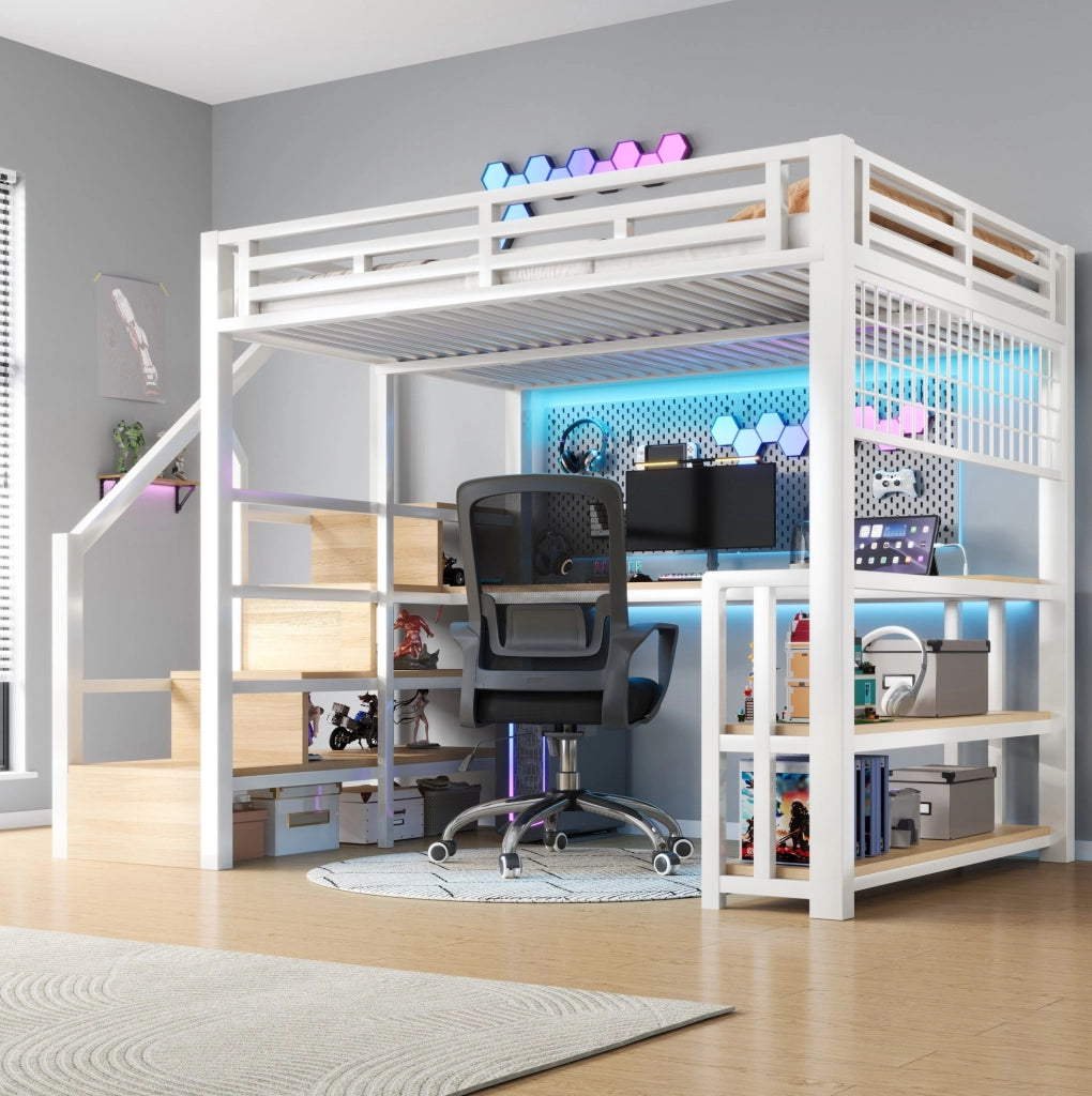 Letto a soppalco 140x200 cm bianco con scrivania, LED e ricarica USB