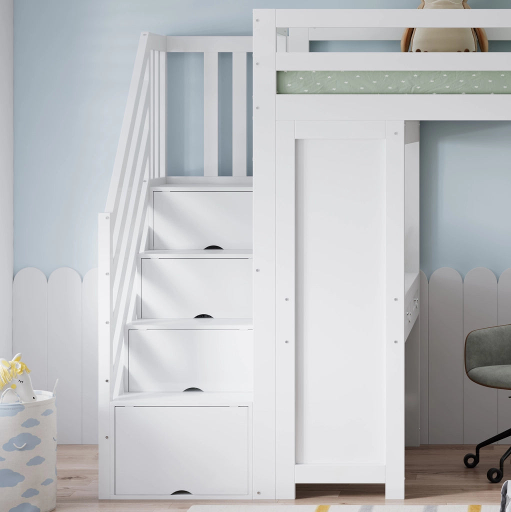 Letto a soppalco 90x200 cm bianco in pino, MDF e truciolato con scrivania