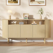 Sideboard 160x40x78,5 cm in truciolare con 3 ante ondulate e ripiano aperto, gambe in legno massello, colore legno naturale, portata 75 kg
