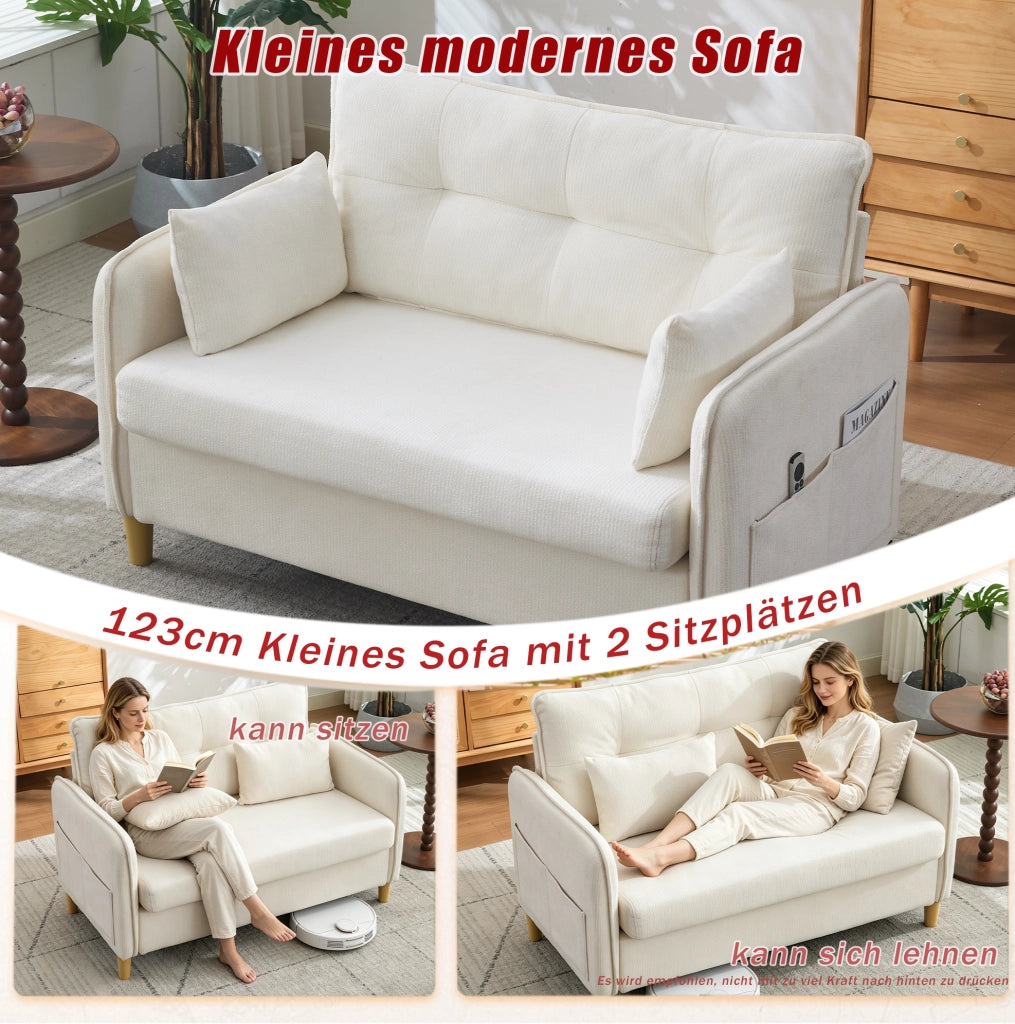 Divano a 2 posti beige con braccioli e tasche laterali