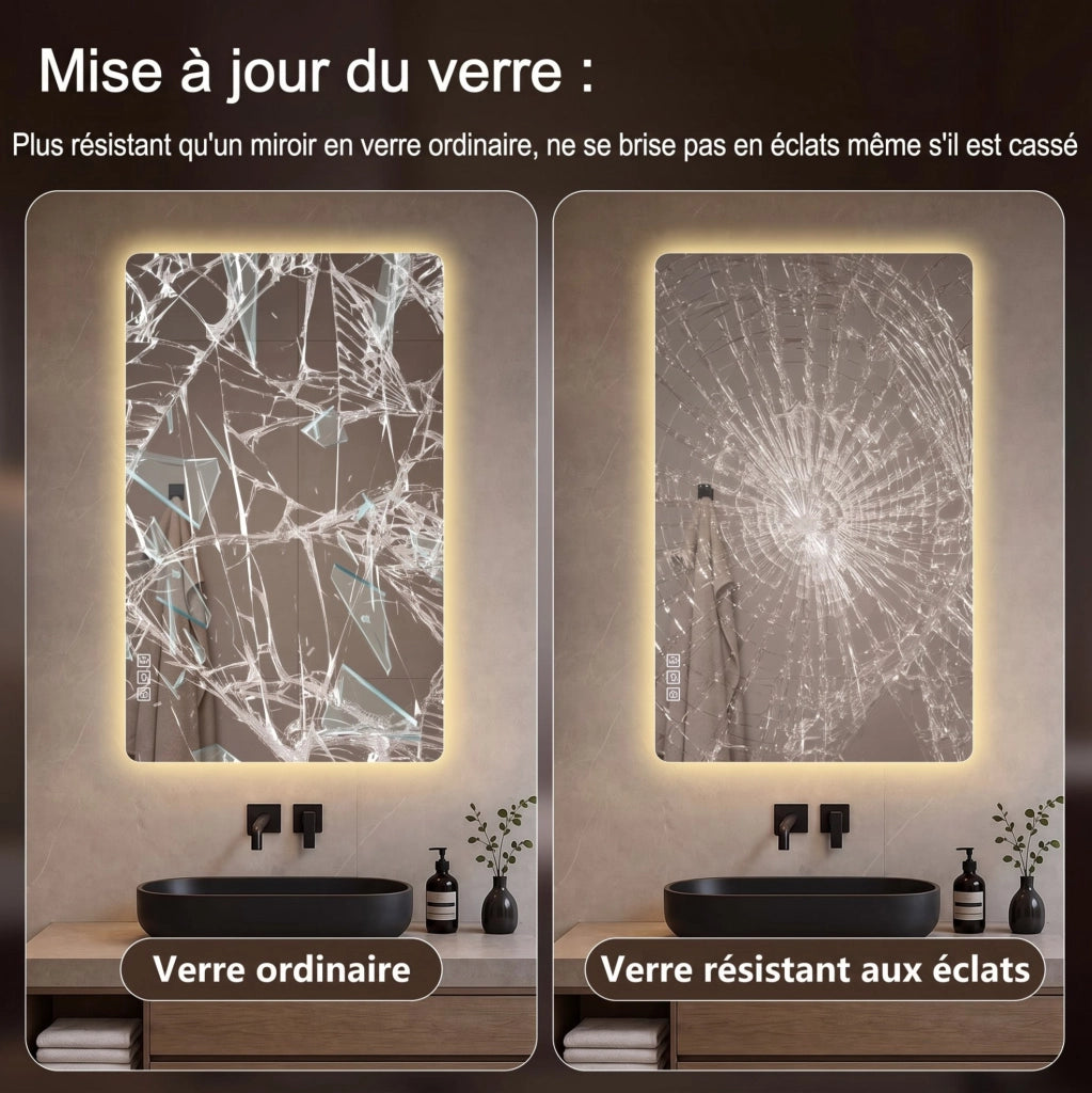 Specchio da bagno LED rettangolare 60×80 cm con illuminazione dimmerabile, funzione antiappannamento e montaggio verticale o orizzontale