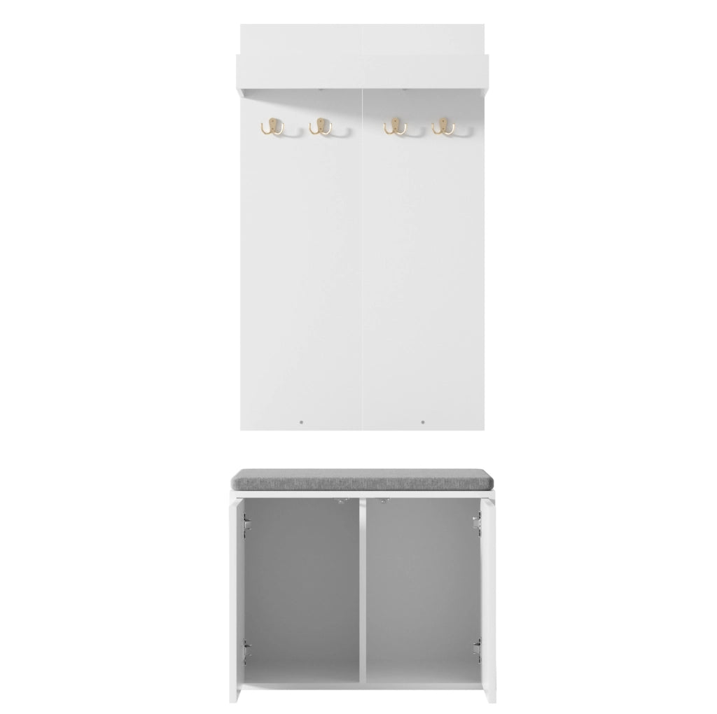 Set guardaroba 3 in 1 con appendiabiti, scarpiera a 2 ante e panca, bianco, 60x35x(45+100) cm