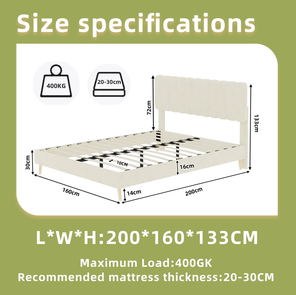 Letto imbottito moderno 160x200 cm beige con testiera morbida e base bassa senza contenitore, materasso incluso