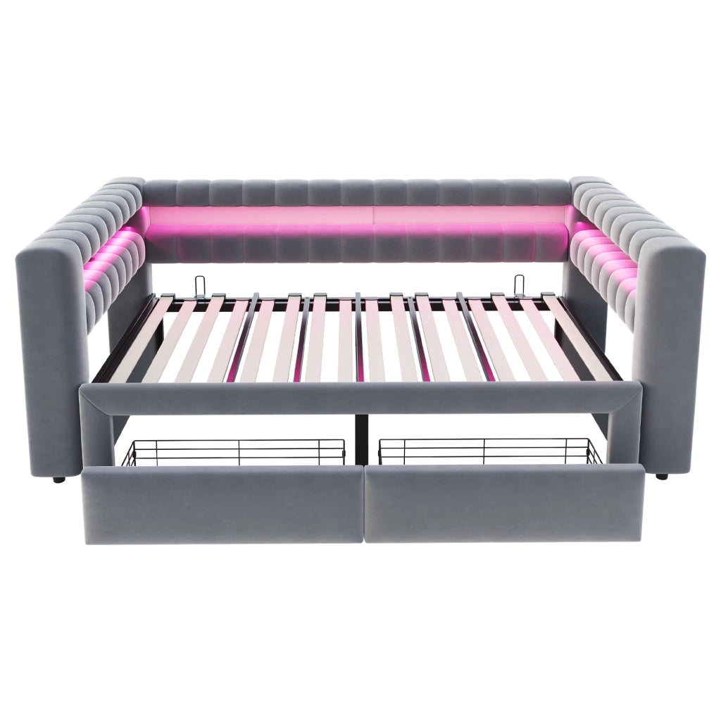 Divano letto 90 × 190 cm trasformabile in letto 180 × 190 cm con cassetti LED USB rivestito in velluto grigio