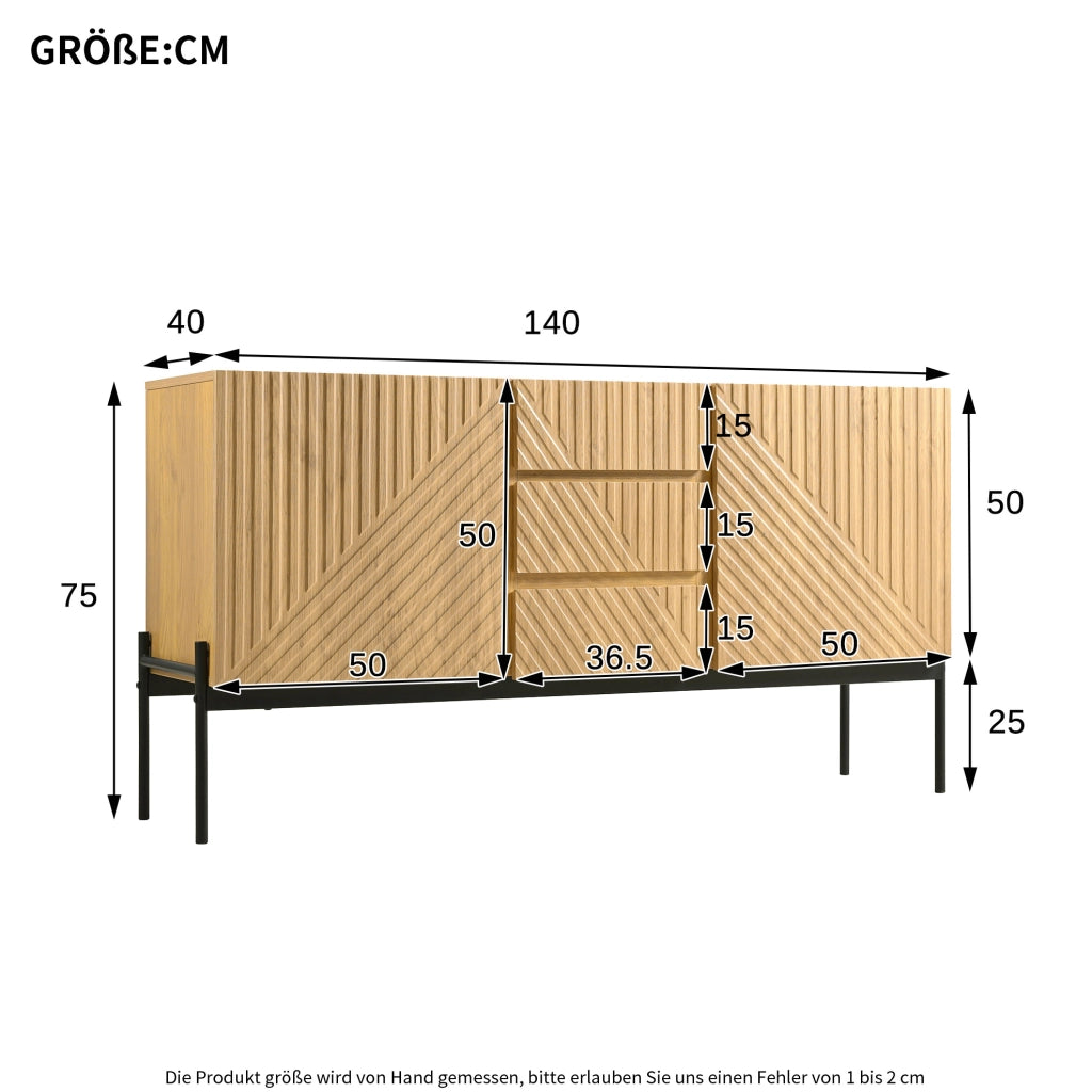 Credenza con 2 ante e 3 cassetti, gambe in metallo, mobile TV, buffet con design a linee, dimensioni H75 x L140 x P40 cm, colore naturale