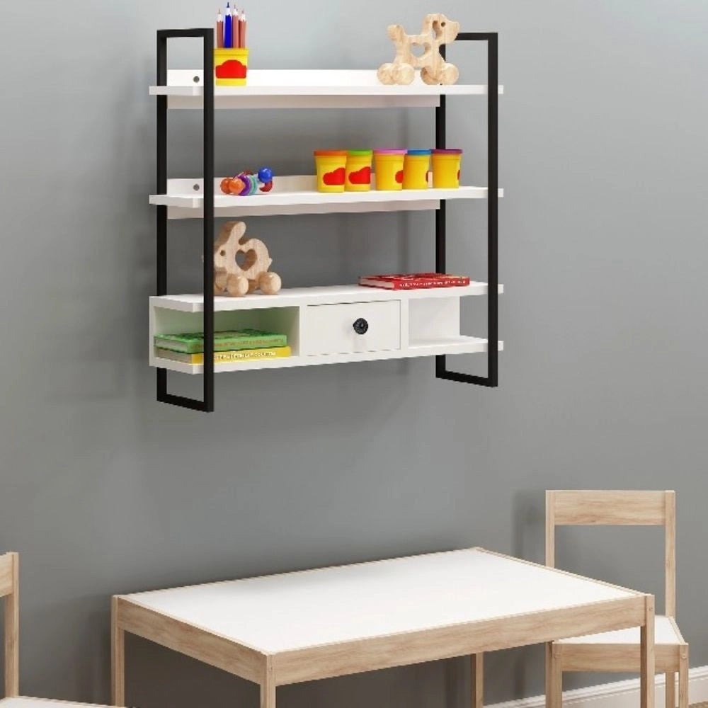 Scaffale da parete mensole e cassetto Severo colore nero e bianco