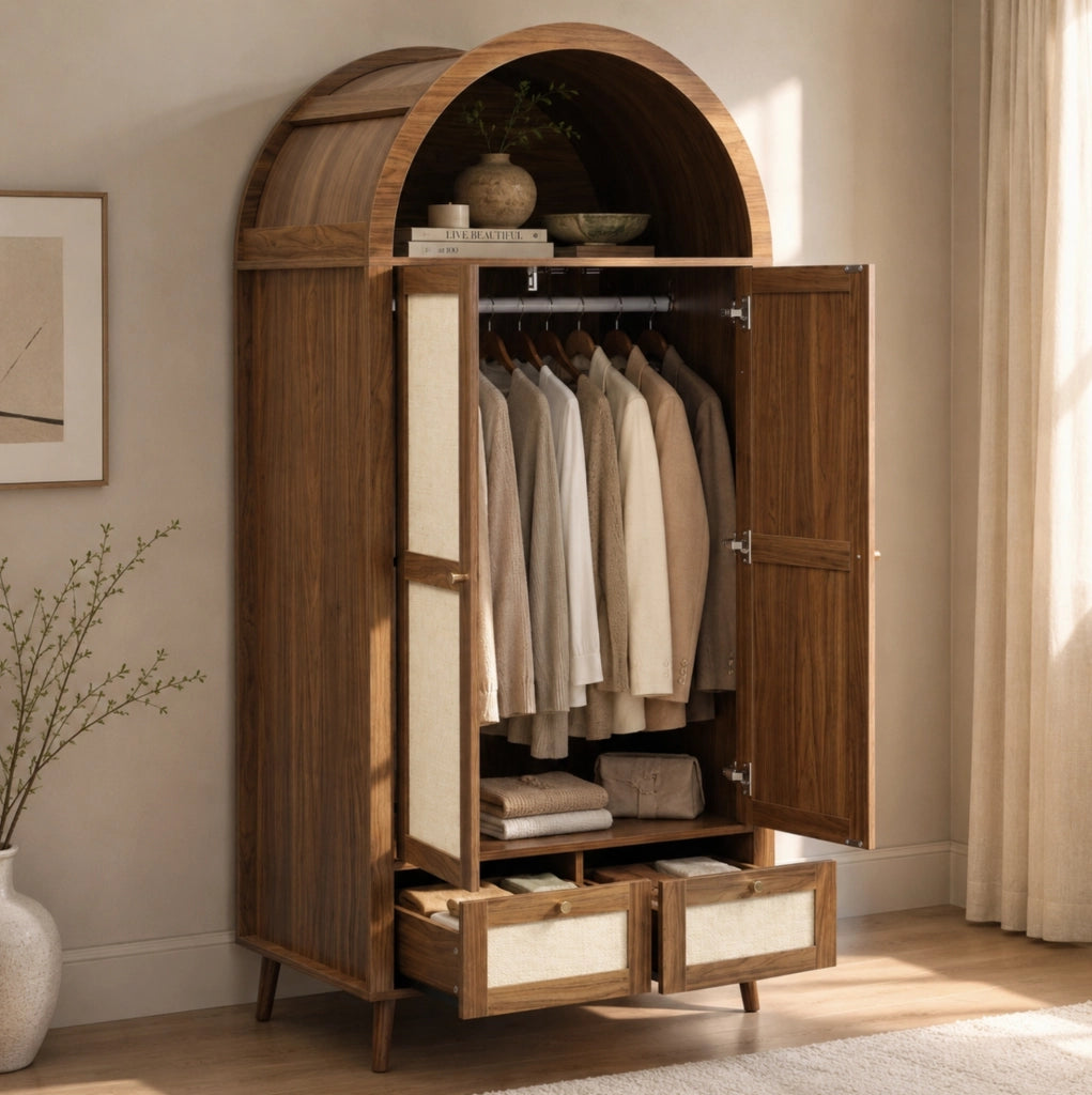Armadio 2 ante 80x55x180 cm in MDF noce e beige con appendiabiti e cassetti