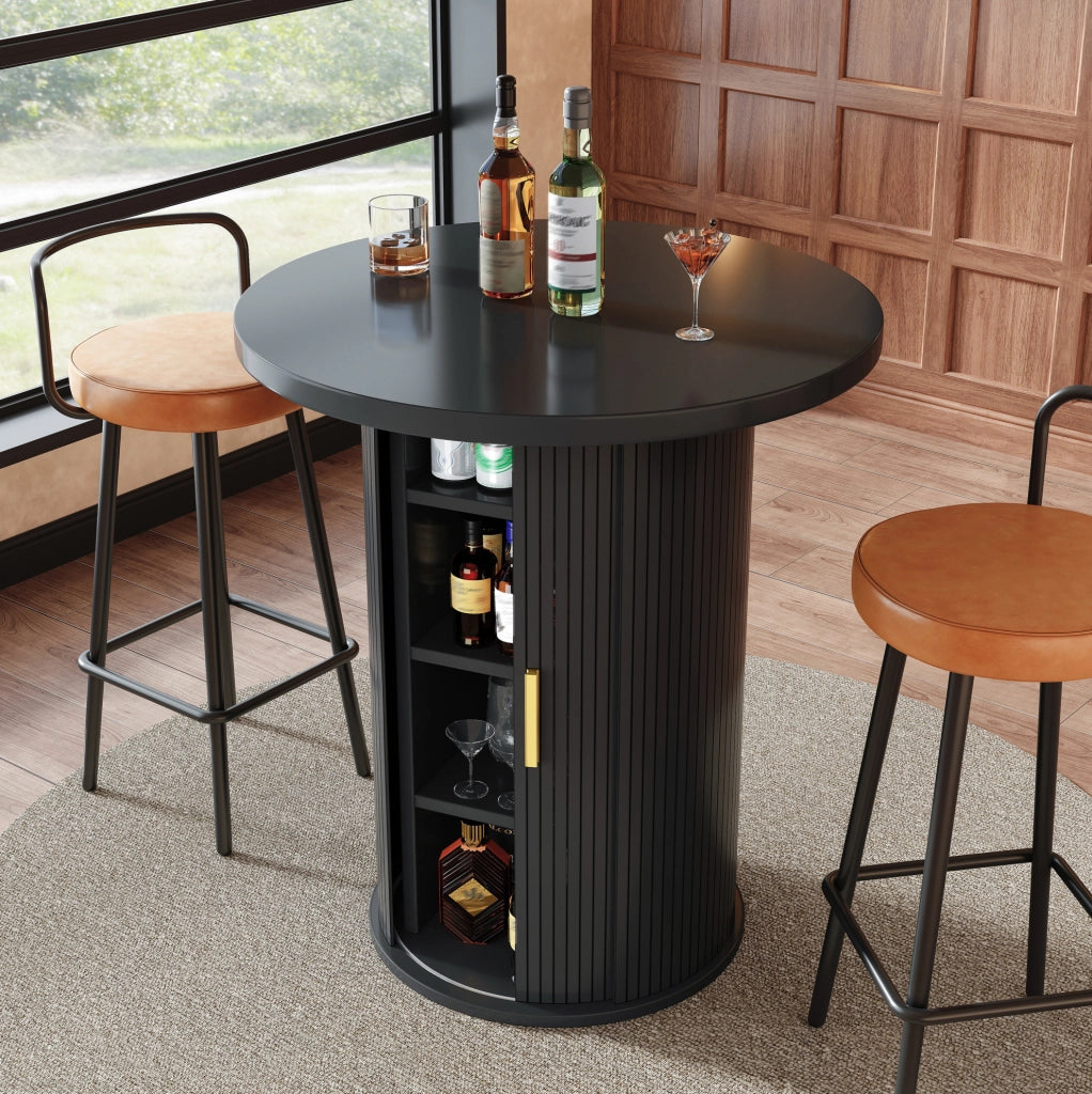 Tavolo da bar rotondo 60x60x91;6 cm con mobile a 4 ripiani in MDF e metallo; nero