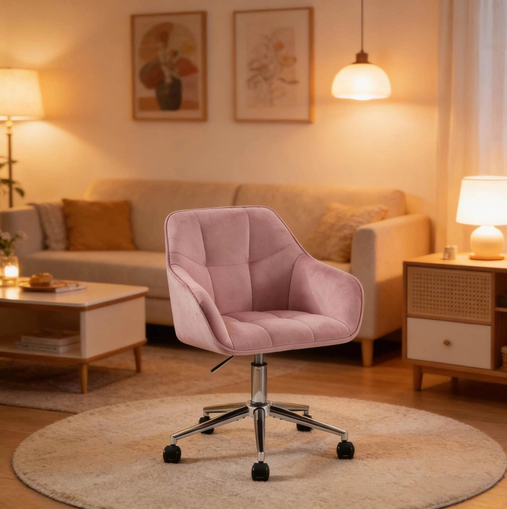 Sedia da ufficio ergonomica in velluto rosa, regolabile e girevole