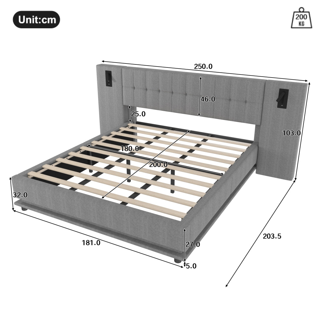 LETTO Imbottito 180x200 cm Grigio con LED, USB e spot, senza materasso