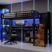 Letto a soppalco 90 x 200 cm nero con armadio scala, LED, USB e Type-C