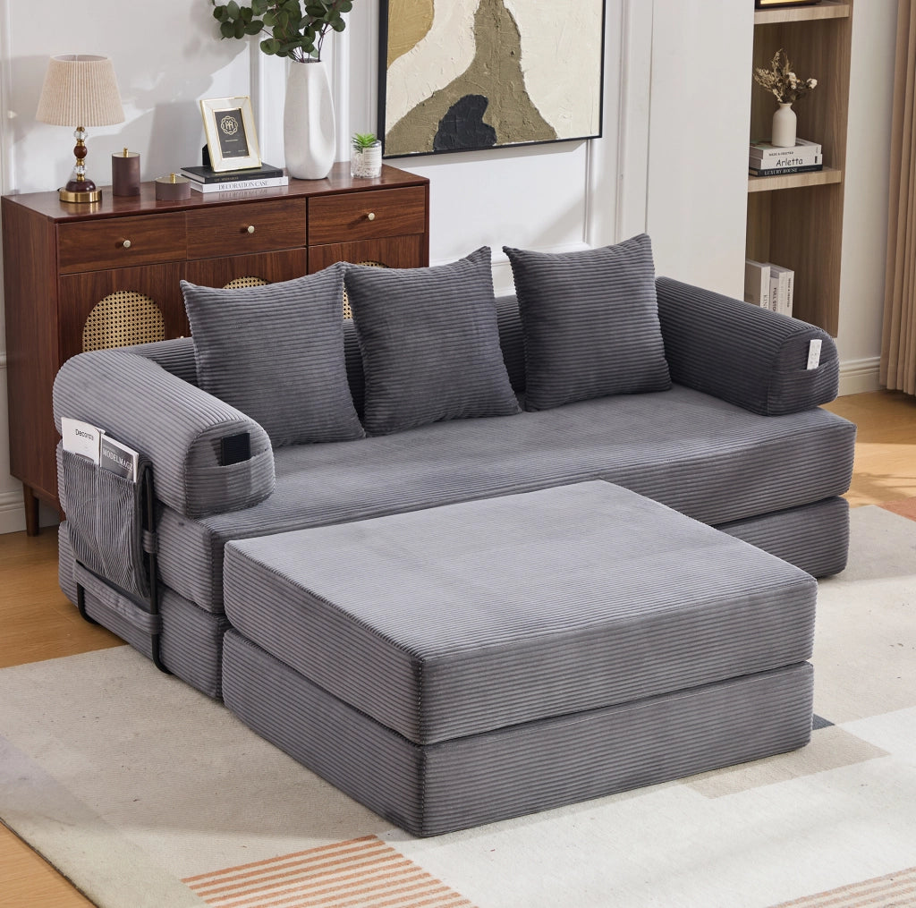 Sofa modulare in velluto a coste con pouf; tasca laterale e 3 cuscini; grigio scuro