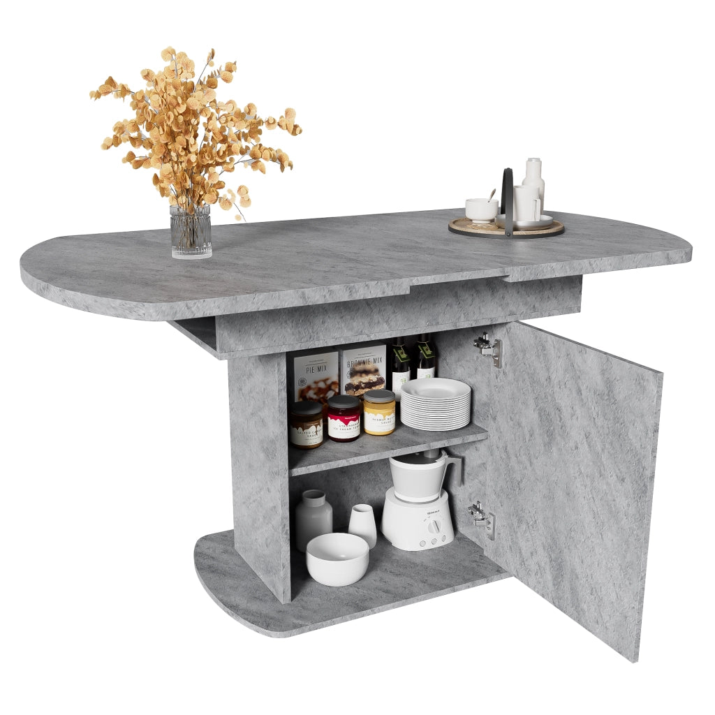Tavolo da pranzo allungabile con vani e mobili contenitori in pannello truciolare grigio e metallo