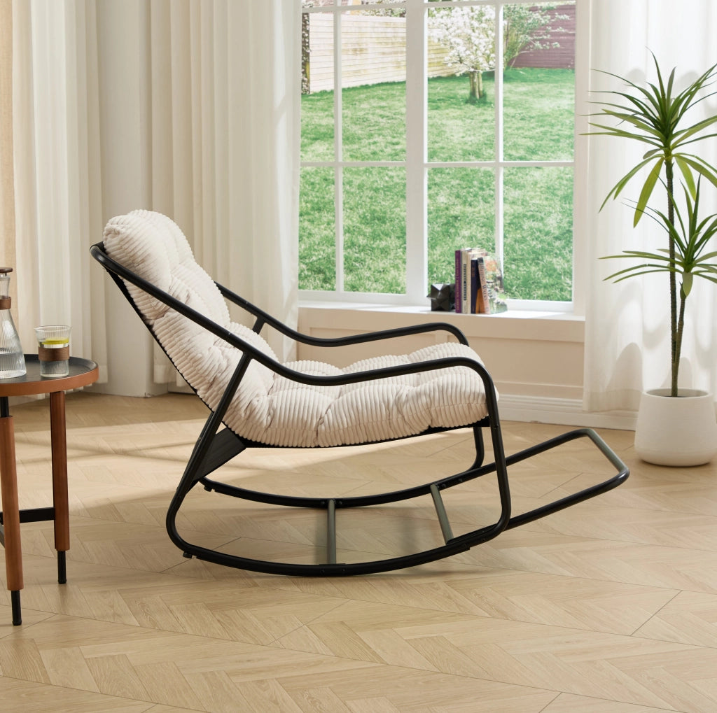 Sedia a Dondolo da Esterno in Acciaio con Cuscino Spesso Bianco, Telaio Nero, 75x116x82 cm