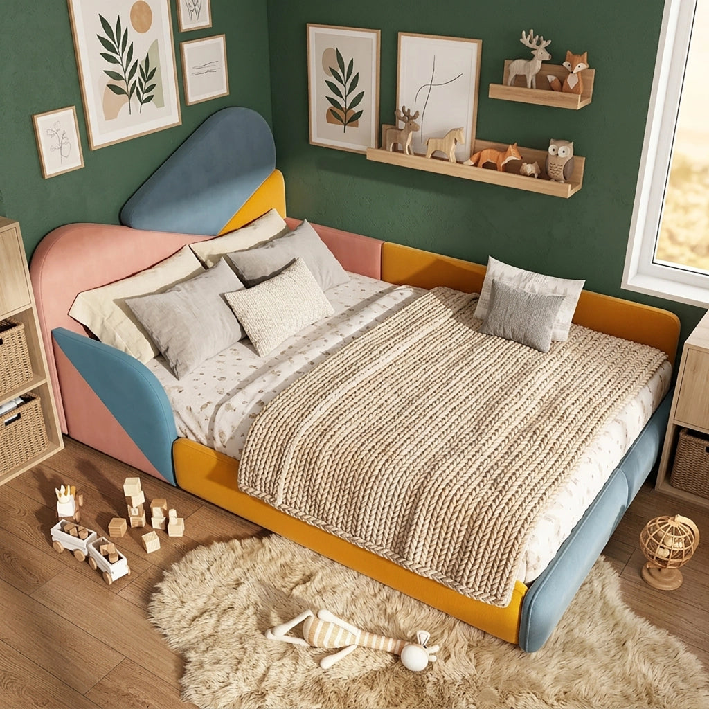 Letto singolo 140 × 200 cm imbottito in velluto con protezioni laterali rialzate multicolore