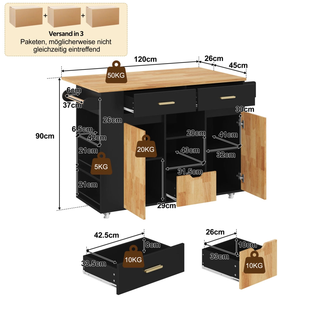 Isola cucina mobile con piano allungabile, carrello con 3 cestoni e scaffale porta spezie, 120 × 45(71) × 90 cm, mobili con ruote bloccabili