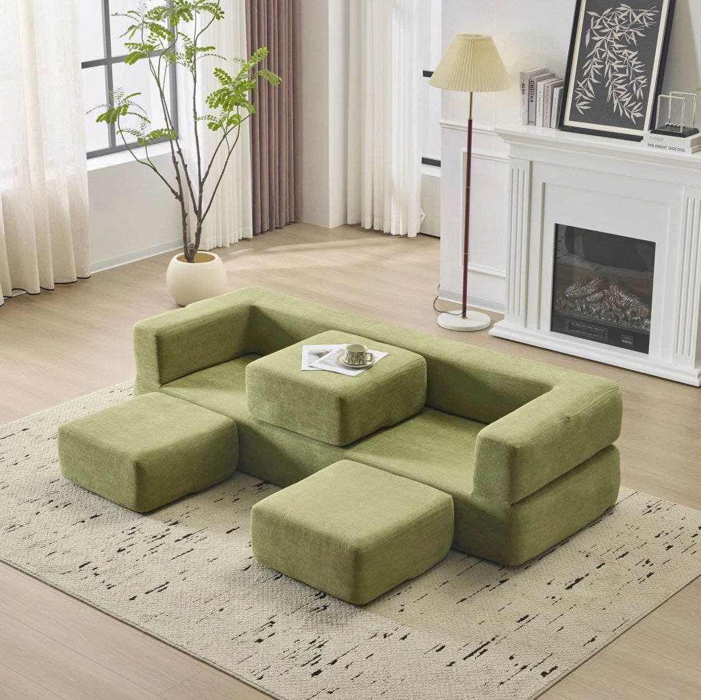 Divano letto da pavimento modulare in chenille verde