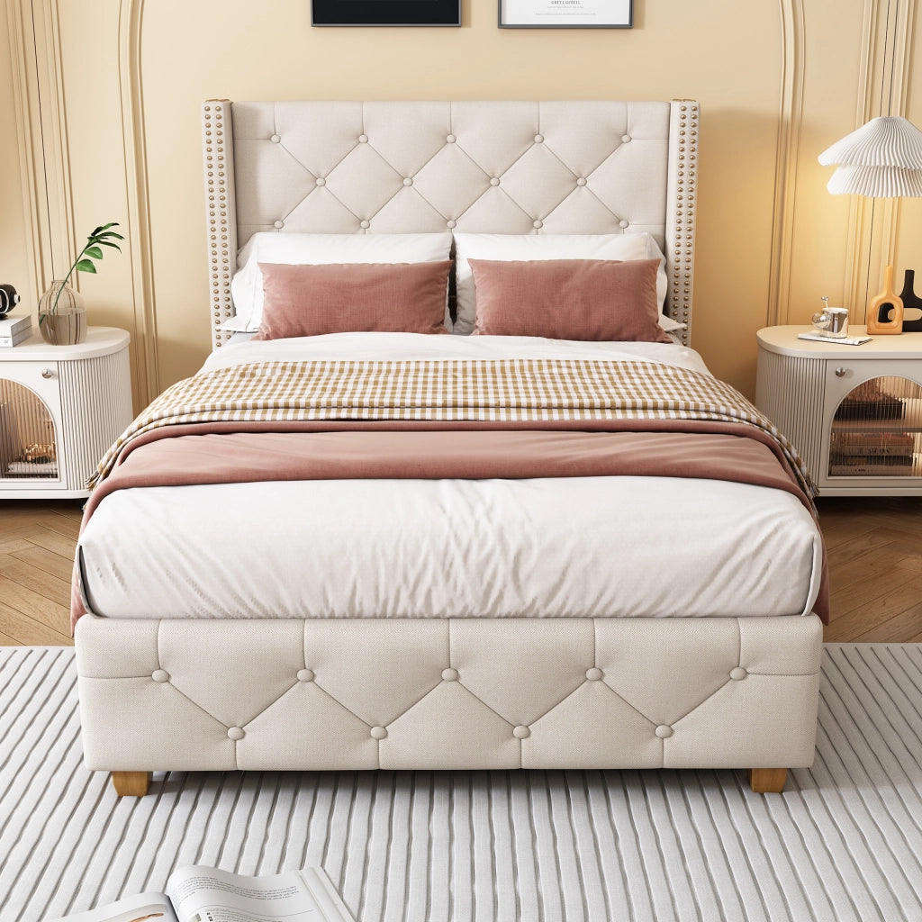 Letto singolo imbottito 90 × 200 cm con rete a doghe testiera in lino beige bottoni rivetti e gambe in legno