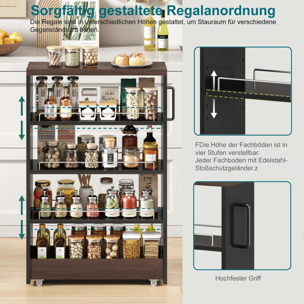 Carrello portatutto stretto 55x20x85 cm in MDF nero/marrone su ruote per cucina