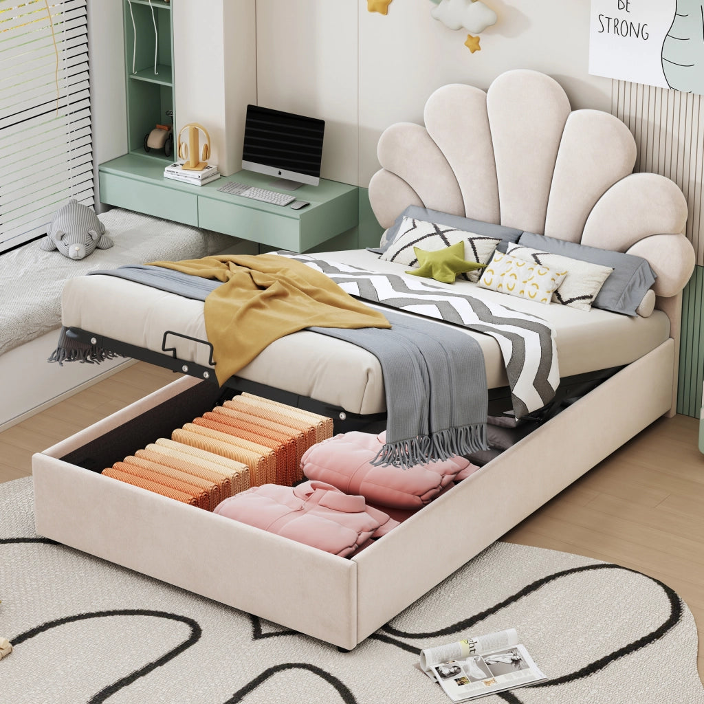 Letto contenitore 90 × 200 cm imbottito con testiera floreale e sollevamento idraulico in velluto beige