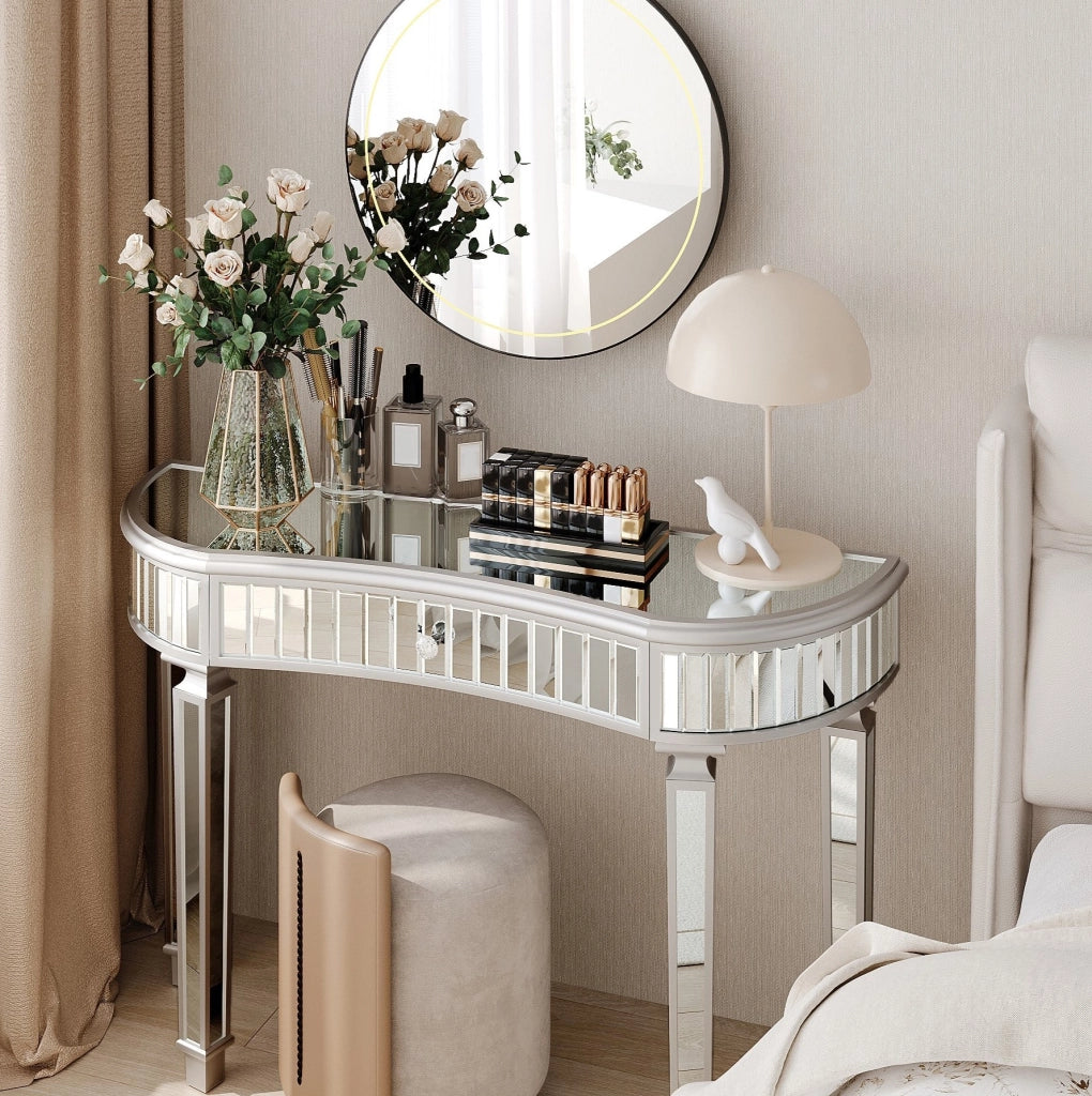Consolle a mezzaluna con specchio 120x38x78 cm con cassetto; vetro scanalato grigio e argento HOMVRA