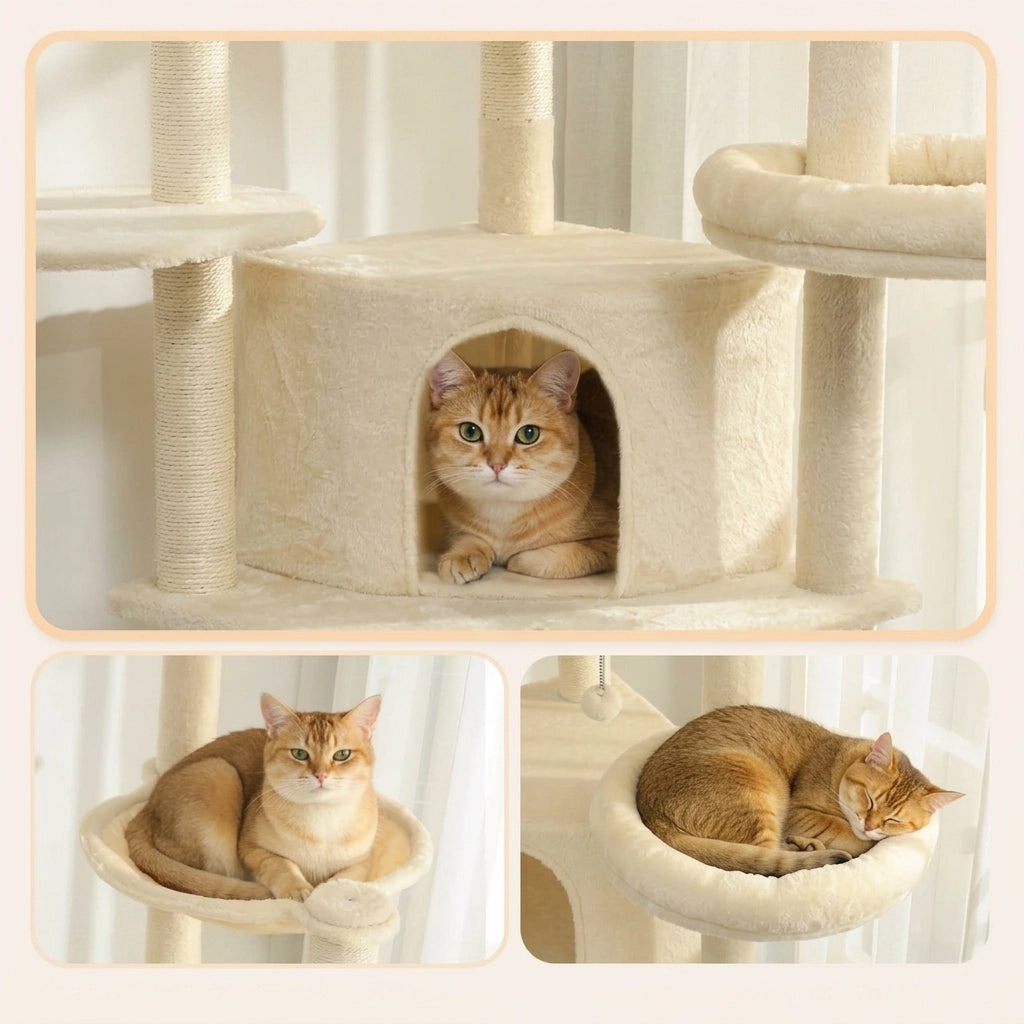 Tiragraffi per Gatti Multi-Livello con Amaca e Cucce; Altezza 200 cm; Beige