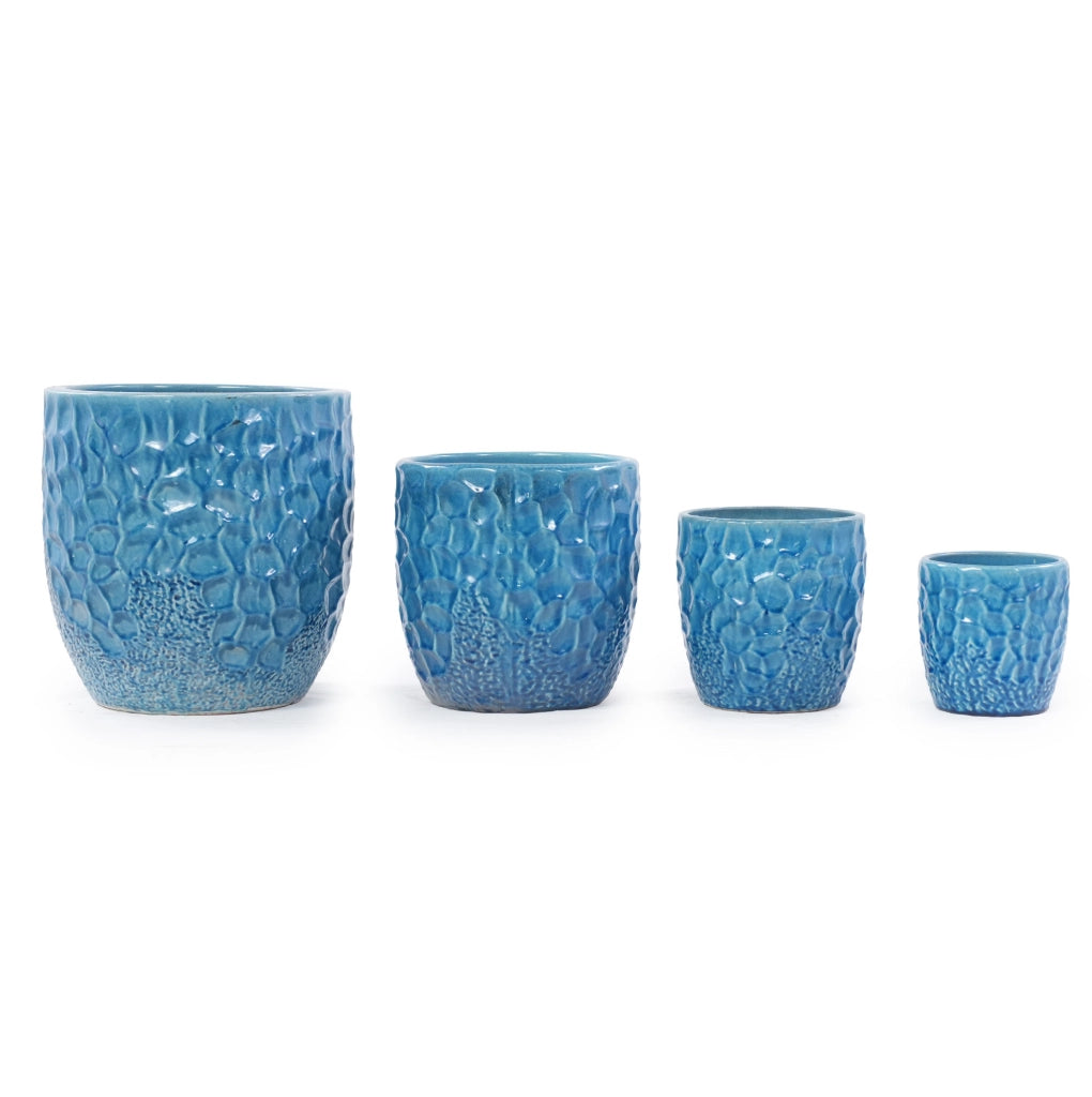 Vaso in ceramica media Ø30 cm blu lucido con rilievo a martellatura e foro di drenaggio, resistente al gelo, per piante da cucina e ornamentali