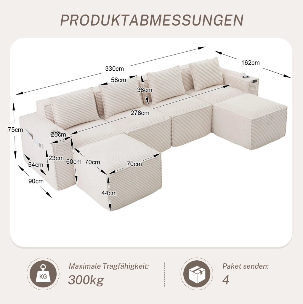 Divano modulare beige in velluto a coste con pouf e portabicchieri