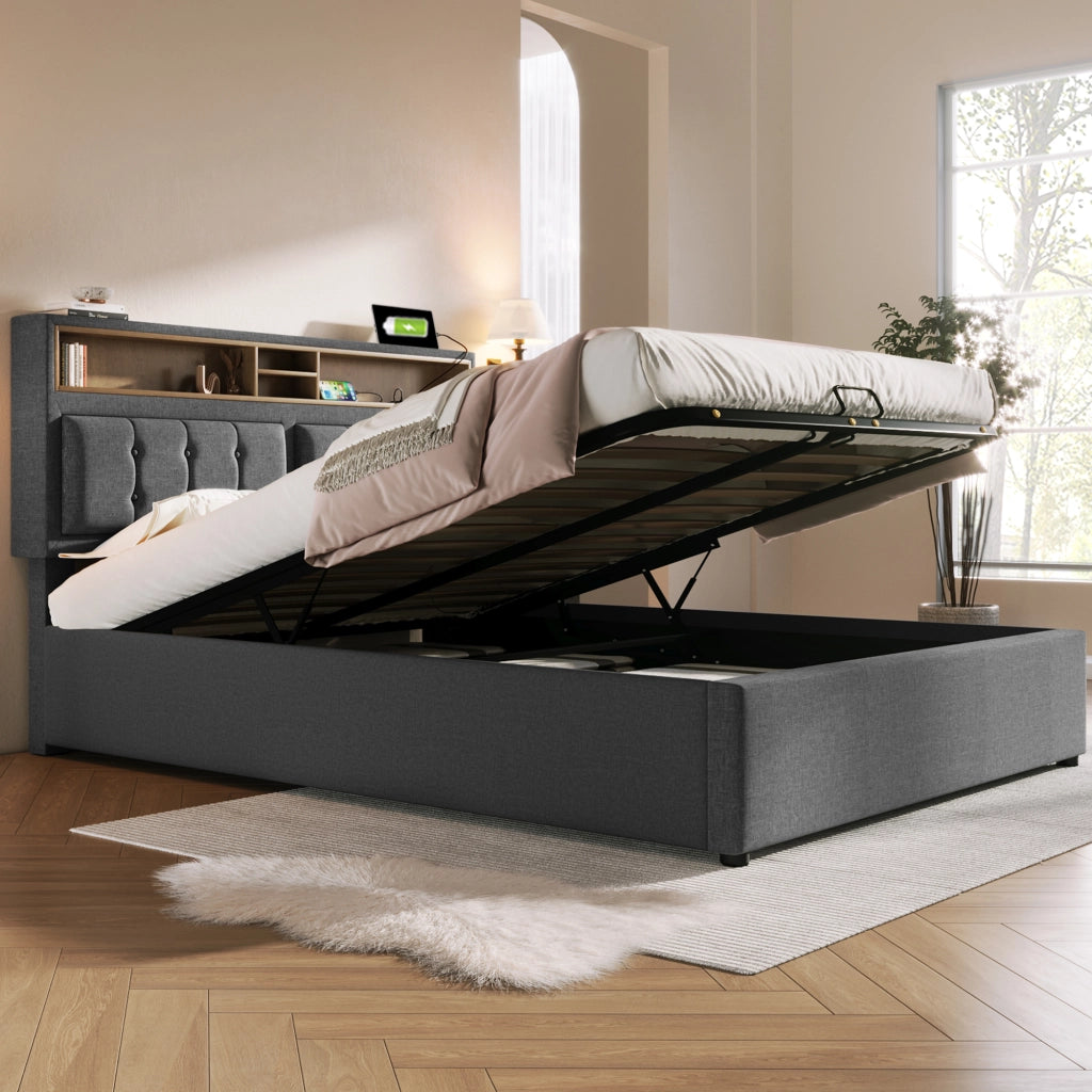 Letto contenitore imbottito 140x200 grigio con prese USB